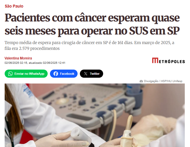 Manchete do Metrópoles sobre espera de pacientes com câncer no SUS