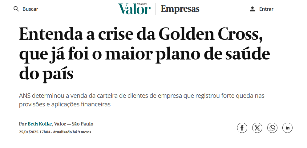 Manchete do Valor Econômico sobre a crise da Golden Cross