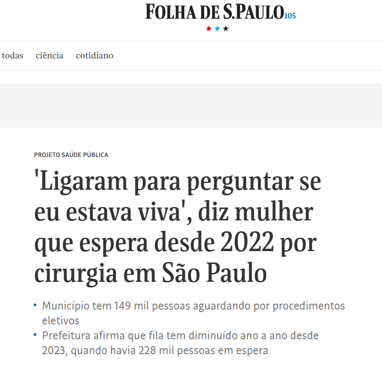 Manchete da Folha de S.Paulo sobre fila de cirurgias eletivas em São Paulo