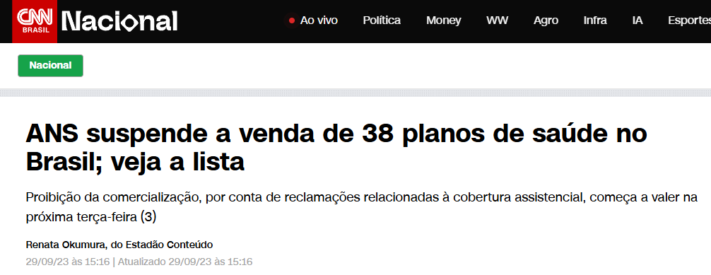 Manchete da CNN Brasil sobre a ANS suspender a venda de 38 planos de saúde